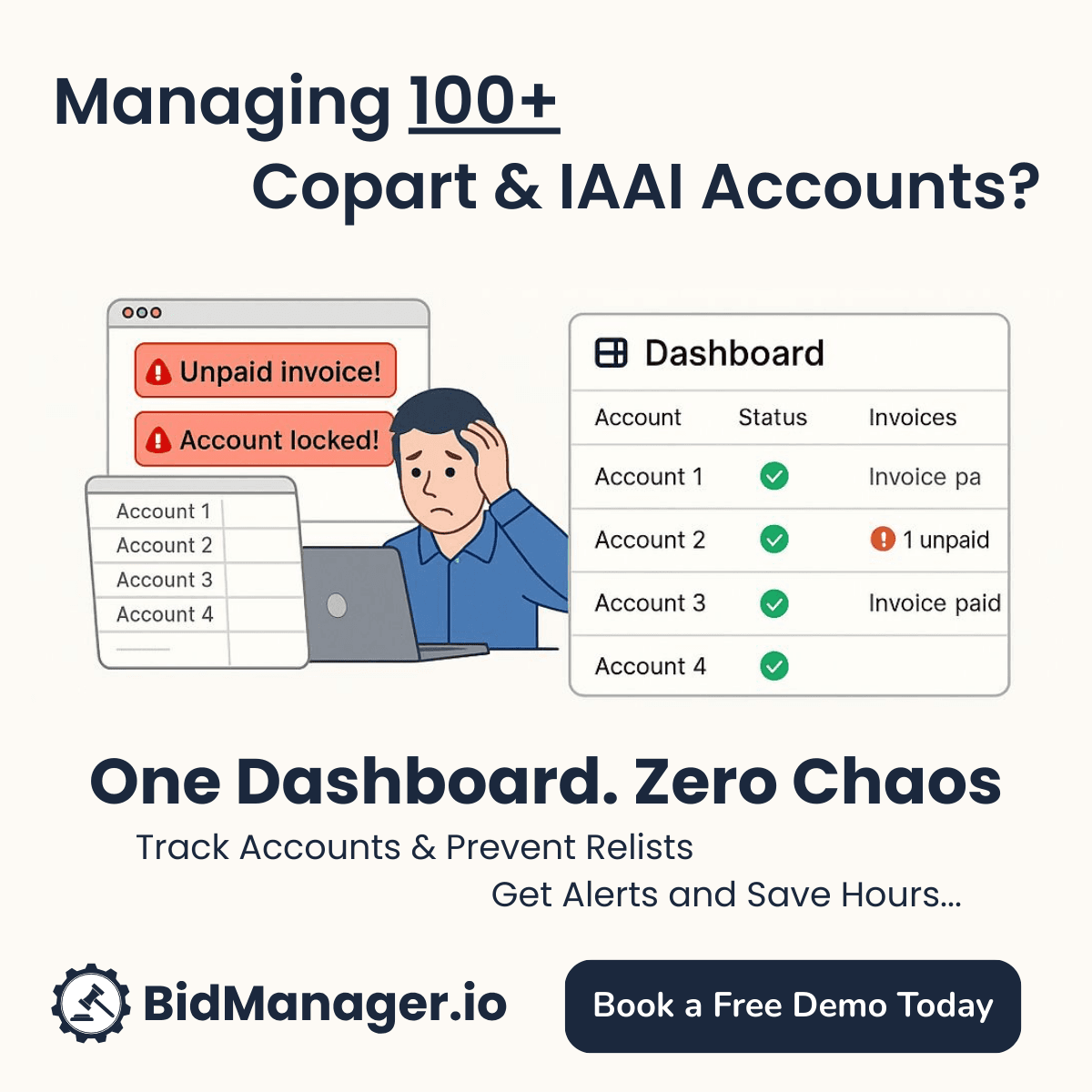 BidManager.io - Managing 100+ Copart & IAAI Accounts? One Dashboard. Zero Chaos